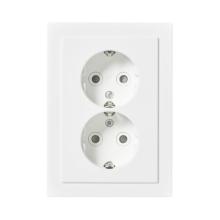 Socket outlet, Schuko, 2-gang, shuttered, screwless terminals, branching terminals, flat, matt white