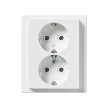 Socket outlet, Schuko, 2-gang, shuttered, screwless terminals, branching terminals, white matt