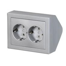 Socket outlet, Impressivo, Schuko, 2-gang, shuttered, screwless terminals, corner installation, aluminum