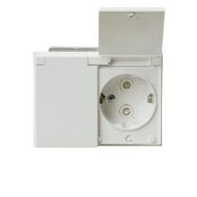 Schuko socket outlet, Impressivo, 2-gang with lid, shuttered, screwless terminals, branching terminals, white