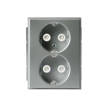 Schuko socket outlet, Impressivo, 2-gang, shuttered, screwless terminals, branching terminals, aluminum