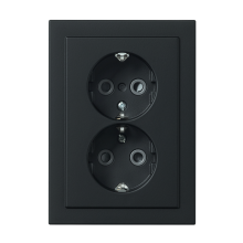 Socket outlet, Schuko, 2-gang, shuttered, screwless terminals, branching terminals, flat, black matt