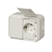 Socket outlet, Jussi IP55, 2-gang Schuko, shuttered, screwless terminals, branching terminals