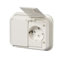 Socket outlet, Jussi IP44, Schuko, 2-gang, shuttered, screwless terminals, branching terminals