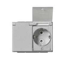 Schuko socket outlet, Impressivo, 2-gang with lid, shuttered, screwless terminals, branching terminals, aluminium