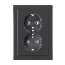 Socket outlet, Schuko, 2-gang, shuttered, screwless terminals, branching terminals, flat, anthracite